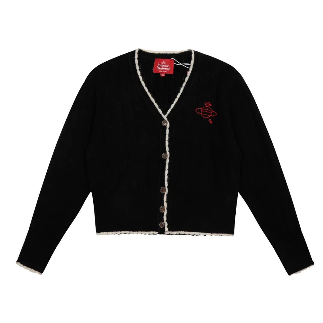 Vivi129 vivienne west wood 24th autumn and winter red label show style vertical stripe hollow knitted petal collar design cardigan West Queen Vivienne heavy industry show limited cardigan knitted sweater wool 2024 autumn latest style 🧩 85% wool blend Size: S -M- L Color: apricot gray blue black